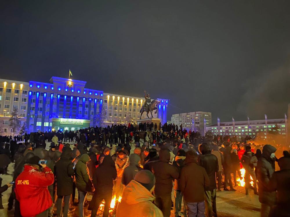 A demonstration in Aqtobe, a city in Western Kazakhstan near Zhanaozen, in January 2022