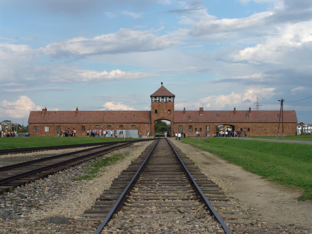 The gatehouse at the former German Nazi concentration camp of Auschwitz II (Birkenau), leading to the gas chambers.