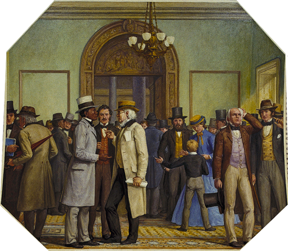 The 1866 civil rights bill, which prohibited discrimination on the bases of race or previous condition of slavery, prefigured the 14th amendment to the Constitution. In the foreground of the mural, former slave Henry Garnet is shown speaking with newspaper editor Horace Greeley, who supported African American suffrage. In the background are the Columbus doors, which originally led to the House Chamber but were later moved to the Rotunda entrance.