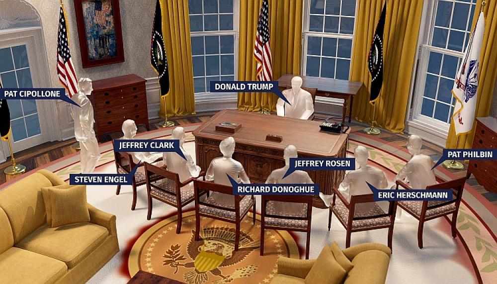 The January 6 Special Committee Report illustration showing a meeting of President Donald Trump