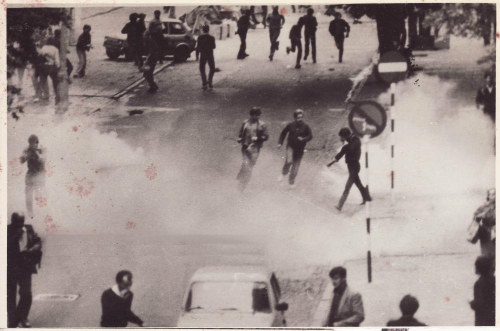 Worker demonstration being dispersed in Warsaw, Poland in 1982