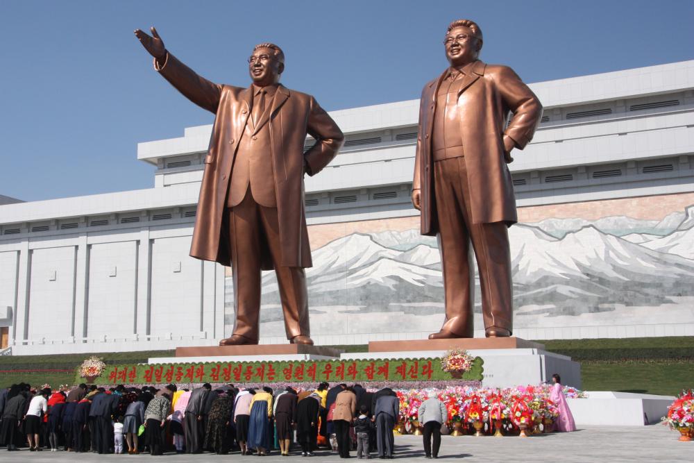 The statues of Kim Il Sung, on the left, and Kim Jong-il on Mansu Hill in Pyongyang