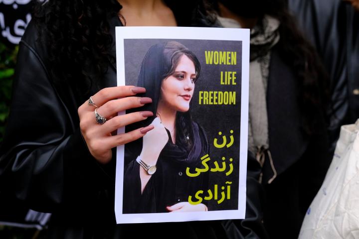 Protestors take part during a demonstration in front of the Iranian embassy in Brussels, Belgium on Sept. 23, 2022, following the death of Mahsa Amini. Photo by Alexandros Michailidis